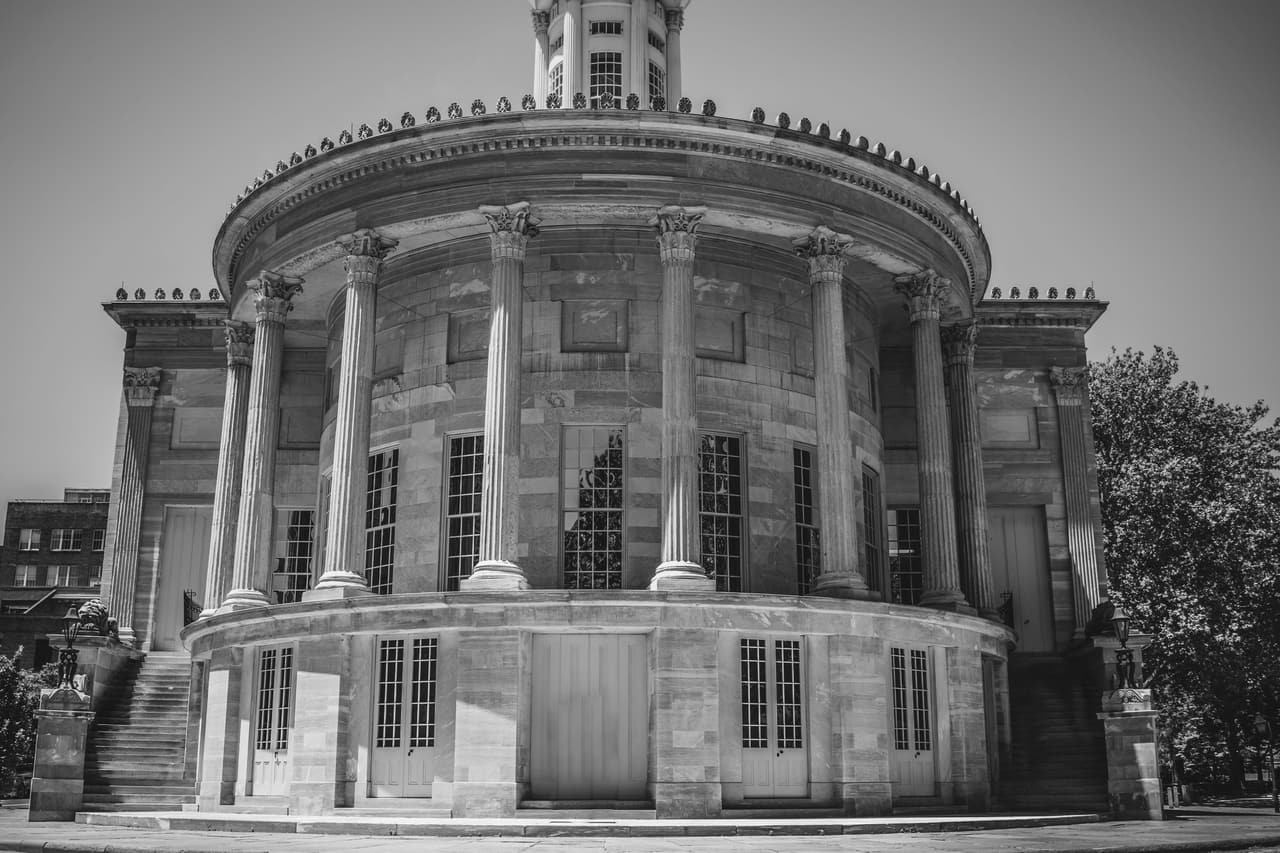 The Merchants’ Exchange Building, a neoclassical landmark in Philadelphia’s Old City, in black and white