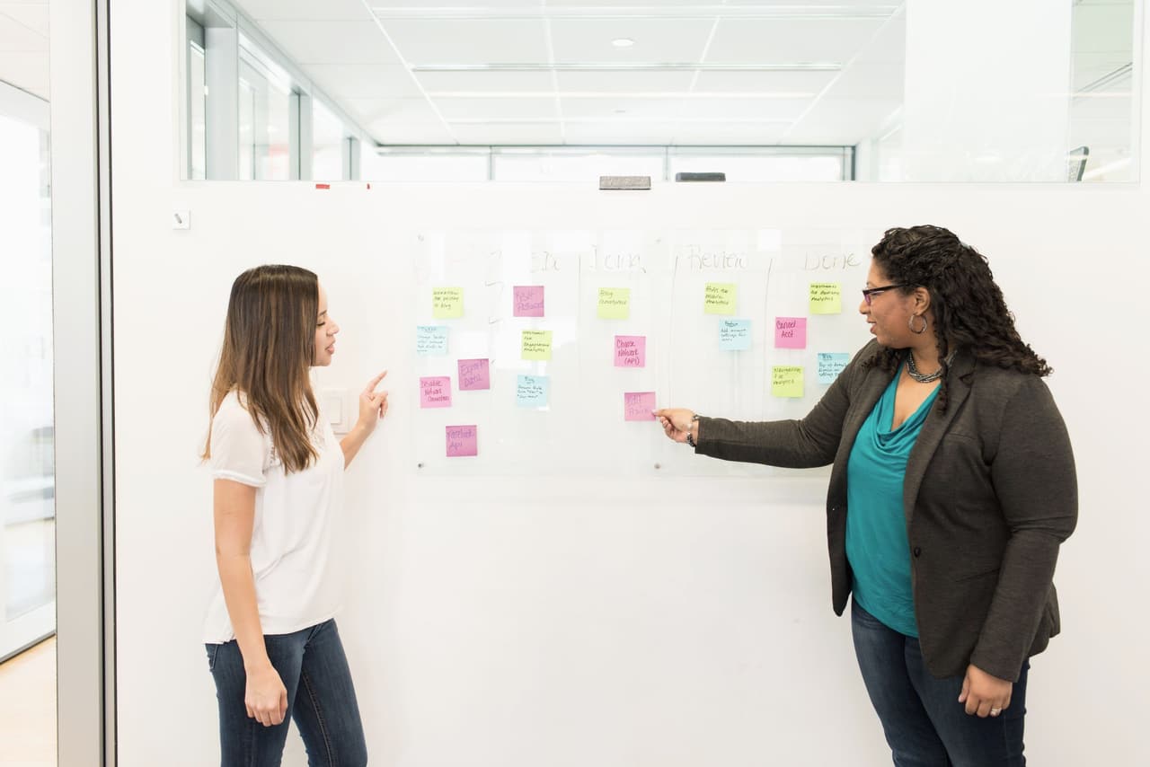 Two colleagues planning together at a whiteboard covered in sticky notes
